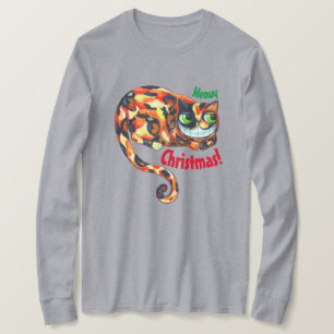 Camiseta Feliz Natal Gelando Calico Gato Olhos Grandes