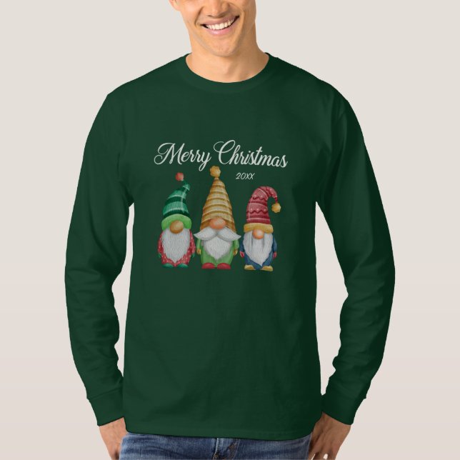 Camiseta Feliz Natal Gnomos Festivos Green Long Sleeve (Frente)