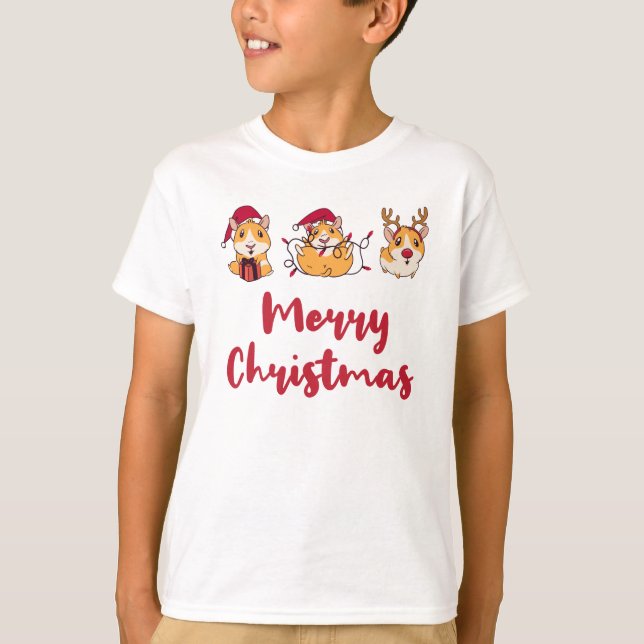 Camiseta Feliz Natal Hamsters Jogando Gráfico (Frente)