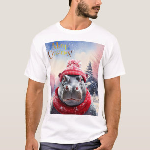 Camiseta Feliz Natal Hippo Santa Chapéu e cachecol
