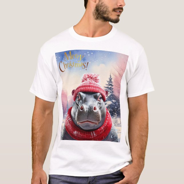 Camiseta Feliz Natal Hippo Santa Chapéu e cachecol (Frente)
