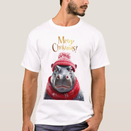 Camiseta Feliz Natal Hippo Santa Chapéu e cachecol