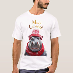 Camiseta Feliz Natal Hippo Santa Chapéu e cachecol