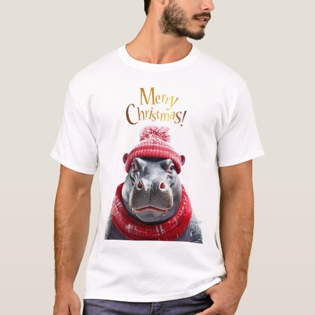 Camiseta Feliz Natal Hippo Santa Chapéu e cachecol (Frente)