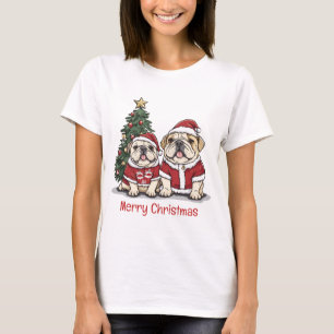 Camiseta Feliz Natal Inglês Bulldog Santa Hats