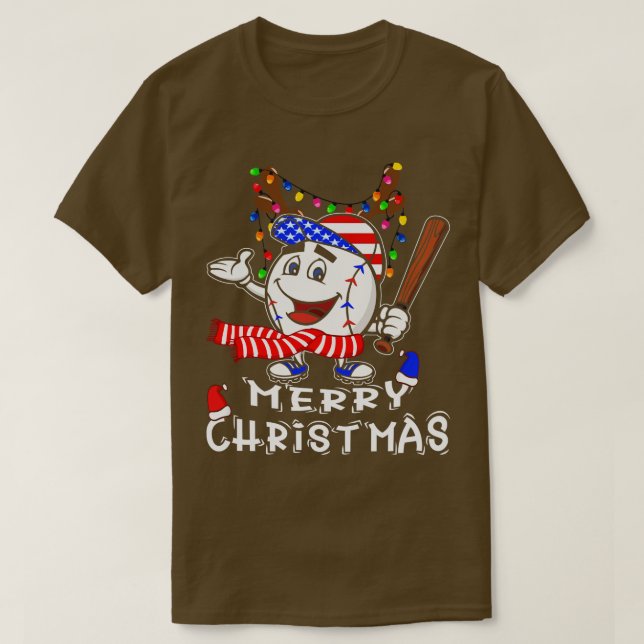 Camiseta Feliz Natal Jogador de Beisebol Luzes de Natal X (Frente do Design)