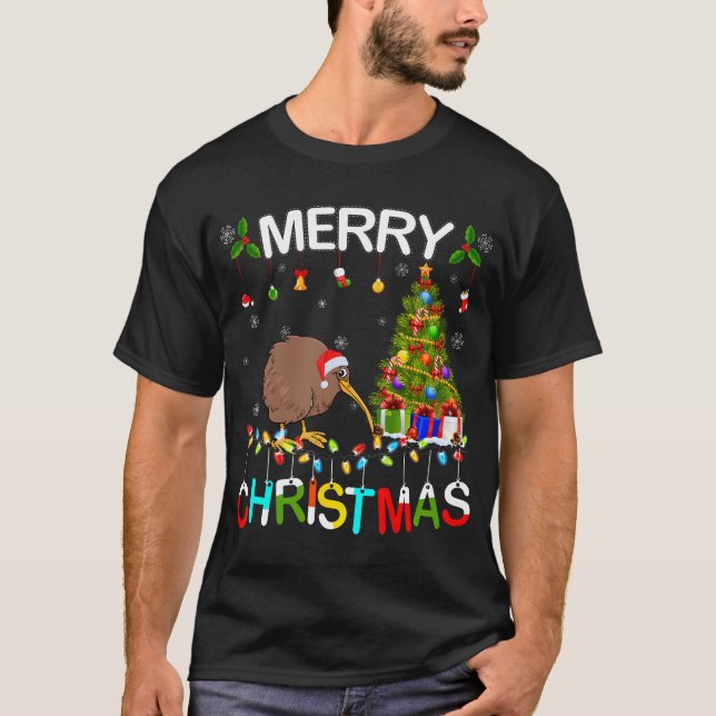 Camiseta Feliz Natal Kiwi Santa Hat Luz Xmas Kiwi (Frente)