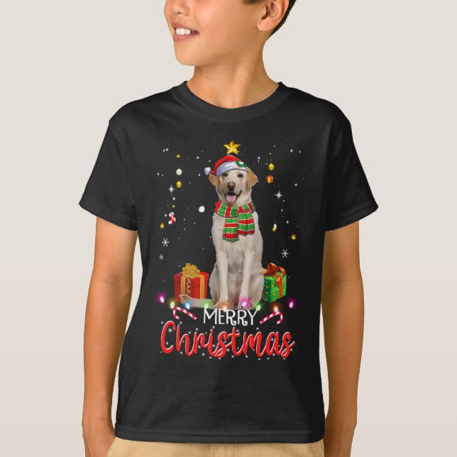 Camiseta Feliz Natal Labrador Santa Hat Tree Lights Pj (Frente)