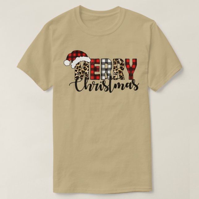 Camiseta Feliz Natal Leopard Buffalo Red Xadrez Para Homens (Frente do Design)