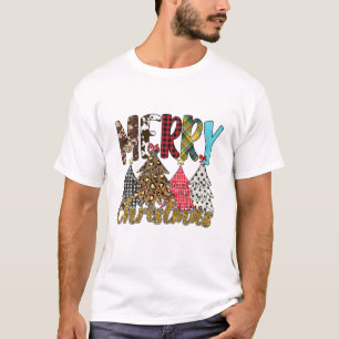 Camiseta Feliz Natal Leopard Xadrez Buffalo Árvore de Xmas