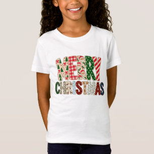 Camiseta Feliz Natal Letreiro Remendado de Duas Linhas   Tr