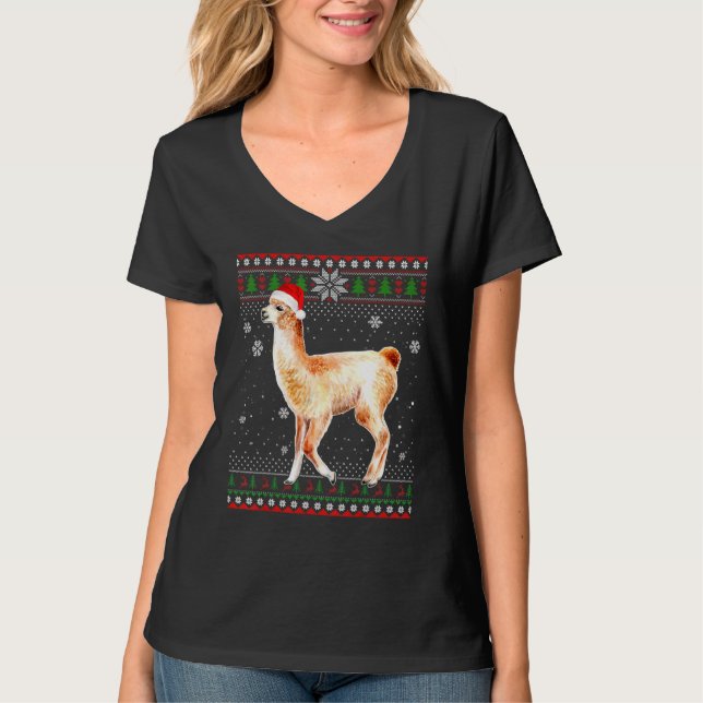 Camiseta Feliz Natal Llama Papais noeis De Chapéu Em Neve S (Frente)