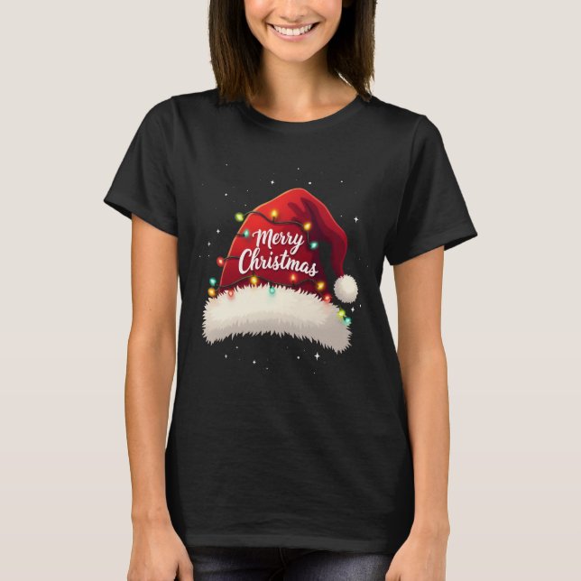 Camiseta Feliz Natal Luz Vermelha Santa Hat Família Xmas M (Frente)