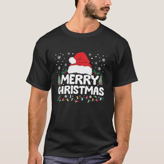 Camiseta Feliz Natal Luz Vermelha Santa Hat Família Xmas M (Frente)