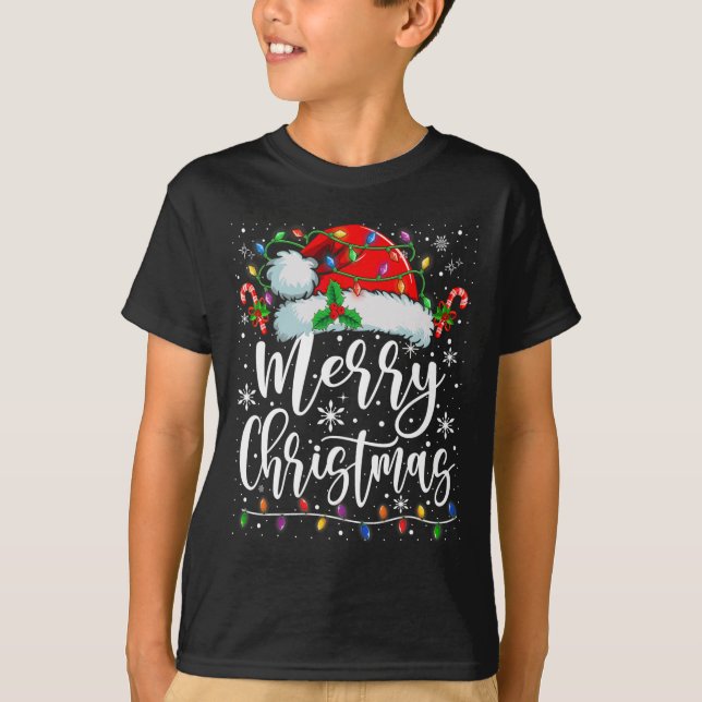 Camiseta Feliz Natal Luz Vermelha Santa Hat Família Xmas M (Frente)