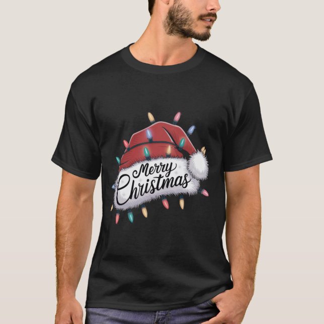 Camiseta Feliz Natal Luz Vermelha Santa Hat Família Xmas M (Frente)