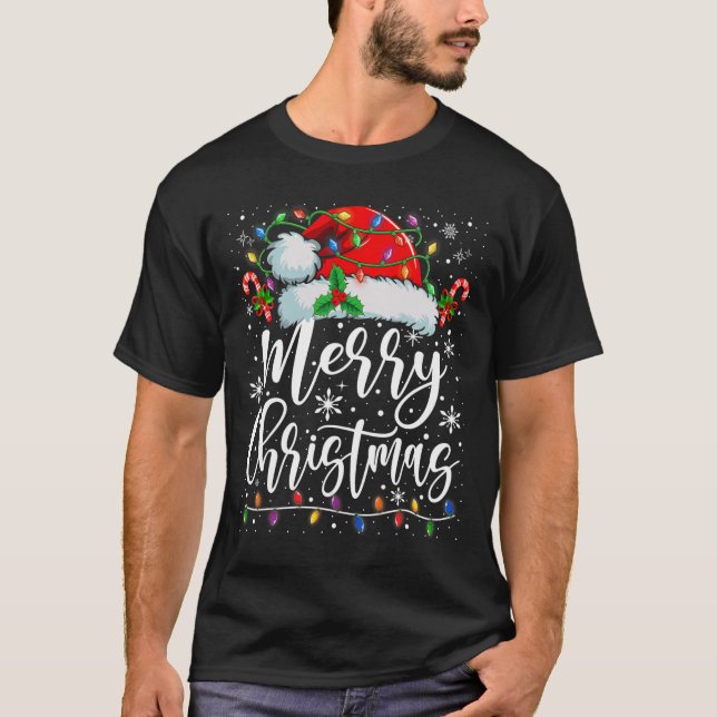 Camiseta Feliz Natal Luz Vermelha Santa Hat Família Xmas M (Frente)