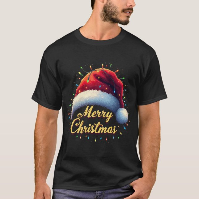Camiseta Feliz Natal Luz Vermelha Santa Hat Família Xmas M (Frente)