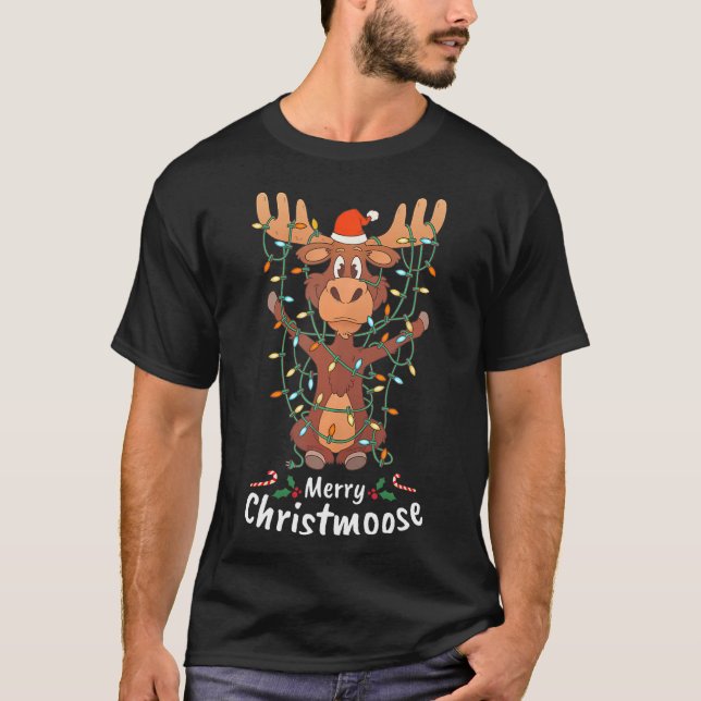 Camiseta Feliz Natal Luzes de Árvore do Mose de Natal (Frente)