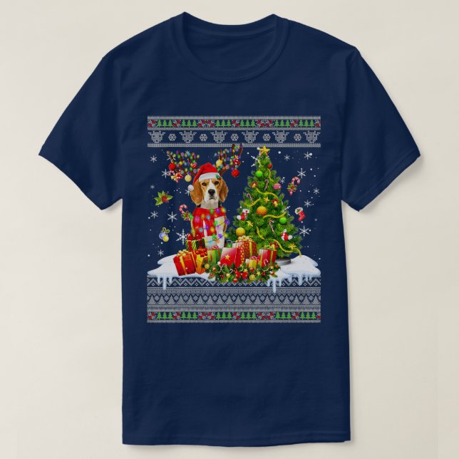 Camiseta Feliz Natal Luzes de Beagle Cachorro Engraçado Xma (Frente do Design)