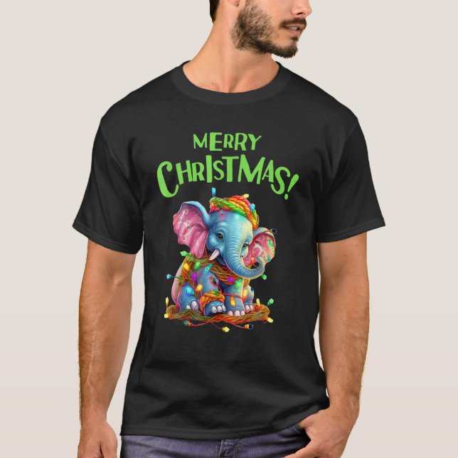 Camiseta Feliz Natal Luzes Festivas Elefante Bonito (Frente)