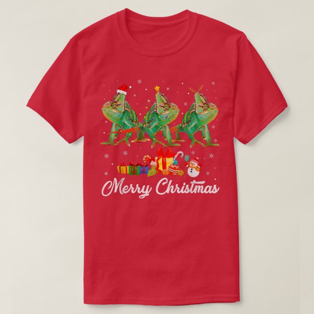 Camiseta Feliz Natal Luzes Xmas Pajama Chameleon Anima (Frente do Design)