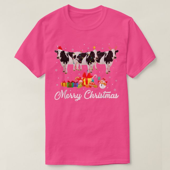 Camiseta Feliz Natal Luzes Xmas Pajama Dairy Cow Anima (Frente do Design)