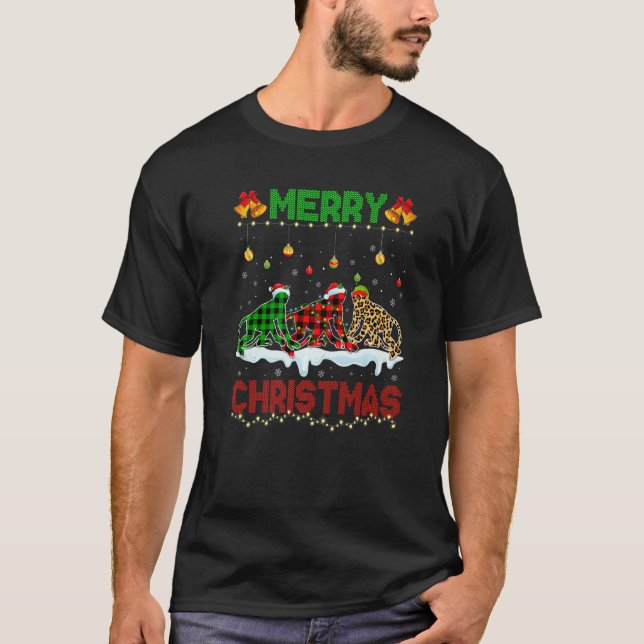 Camiseta Feliz Natal Macaco Gato Xmas Leopardo Xadrez San (Frente)