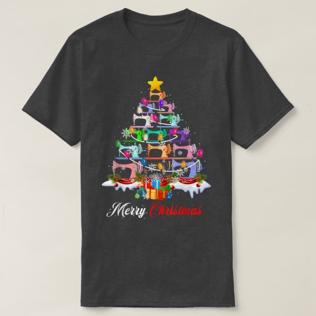 Camiseta Feliz Natal Máquinas de Costurar Xmas Luzes de Árv (Frente do Design)