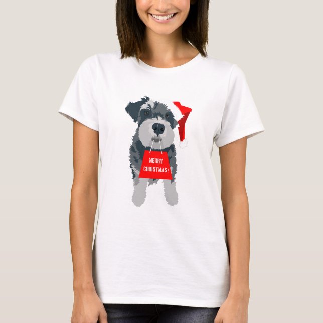 Camiseta Feliz Natal Mini Schnauzer Cachorro Santa Hat (Frente)