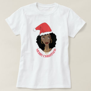 Camiseta Feliz Natal, Mulher Negra, Chapéu Vermelho de San