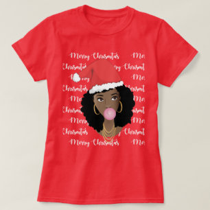 Camiseta Feliz Natal, Mulher Negra, Chapéu Vermelho de Sant