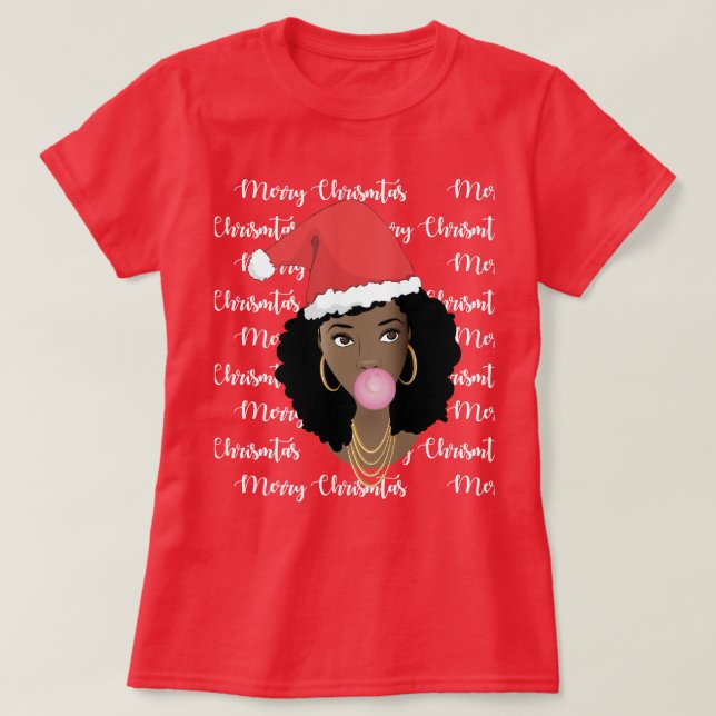 Camiseta Feliz Natal, Mulher Negra, Chapéu Vermelho de Sant (Frente do Design)