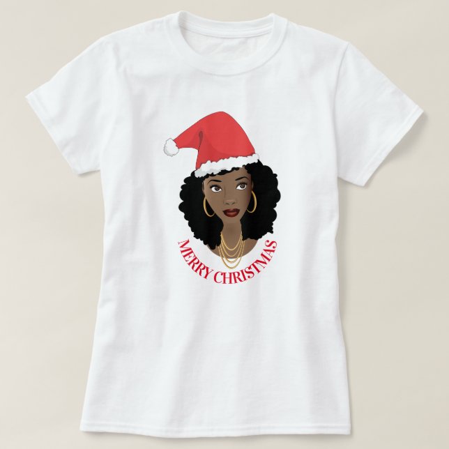 Camiseta Feliz Natal, Mulher Negra, Chapéu Vermelho de Sant (Frente do Design)