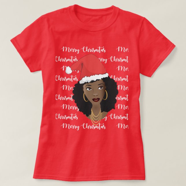 Camiseta Feliz Natal, Mulher Negra, Chapéu Vermelho de Sant (Frente do Design)
