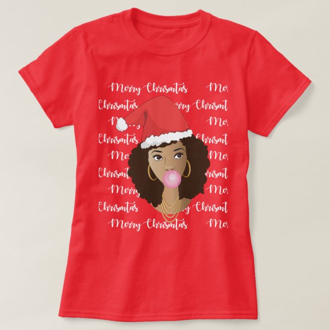 Camiseta Feliz Natal, Mulher Negra, Chapéu Vermelho de Sant (Frente do Design)