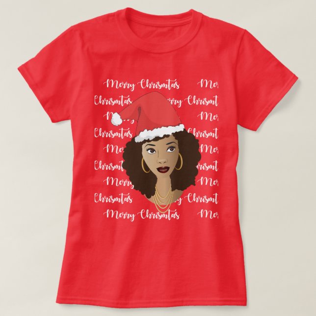 Camiseta Feliz Natal, Mulher Negra, T-Shir Red Santa Hat (Frente do Design)