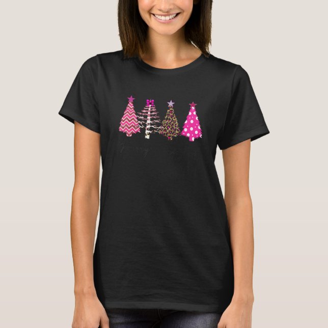 Camiseta Feliz Natal Mulher Rosa Pink Árvore Leopardo de Na (Frente)