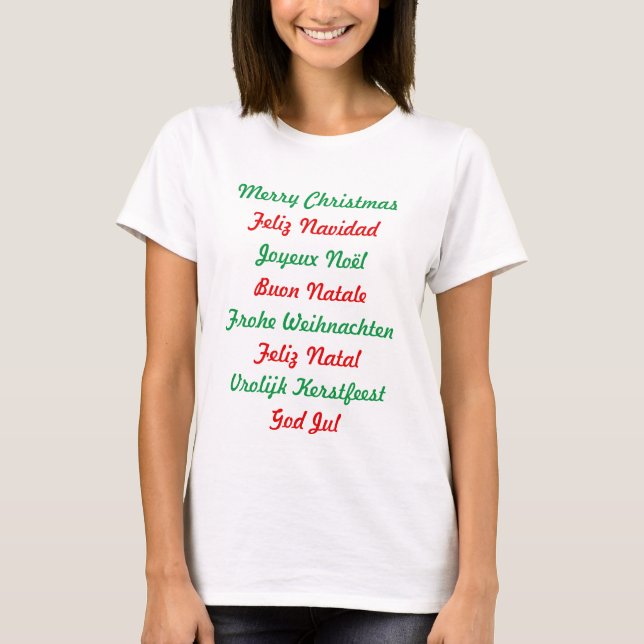 Camiseta Feliz Natal multilíngue vermelho e verde (Frente)
