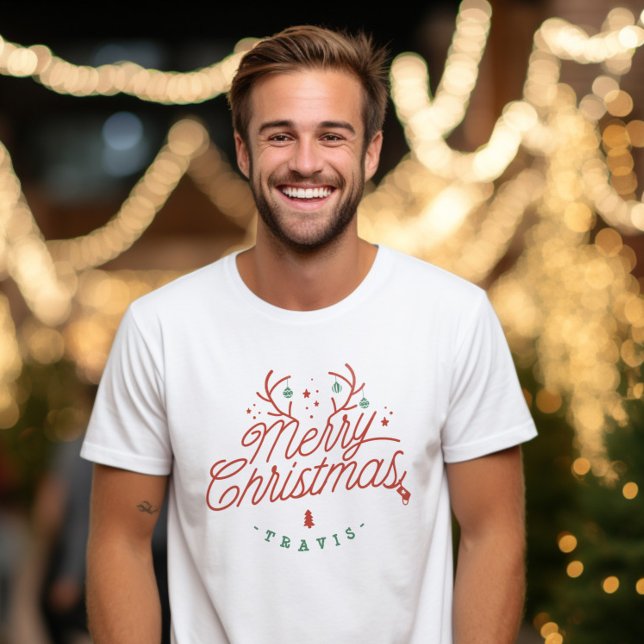 Camiseta Feliz Natal Nome da Família Reindeer Holiday (Merry Christmas Family Name Reindeer Holiday T-Shirt)