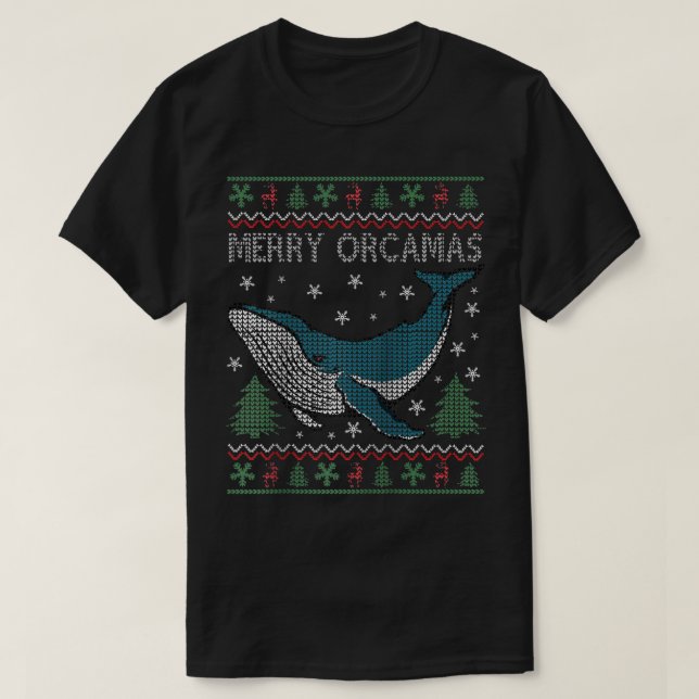 Camiseta Feliz Natal Orcas Matador de Baleia Presente Sujo  (Frente do Design)