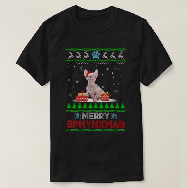Camiseta Feliz Natal Ornament Sphynx Papais noeis de Natal (Frente do Design)