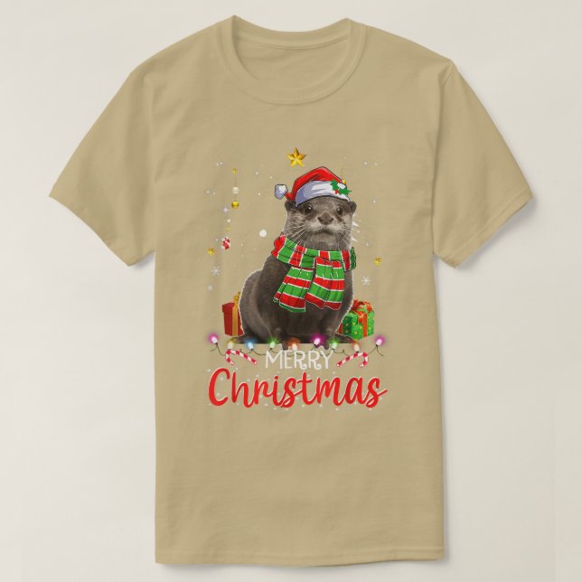 Camiseta Feliz Natal Otter Santa Hat Tree Lights Pajama (Frente do Design)
