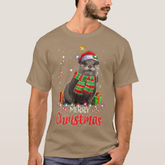 Camiseta Feliz Natal Otter Santa Hat Tree Lights Pajama