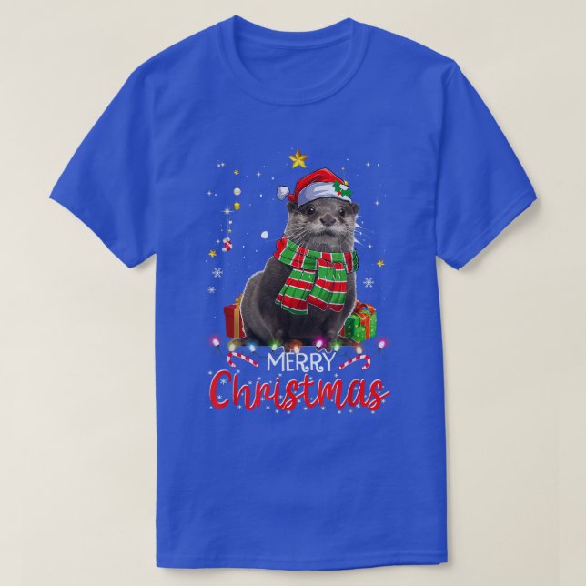 Camiseta Feliz Natal Otter Santa Hat Tree Lights Pajama (Frente do Design)