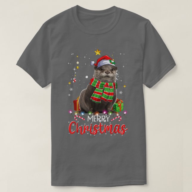 Camiseta Feliz Natal Otter Santa Hat Tree Lights Pajama (Frente do Design)