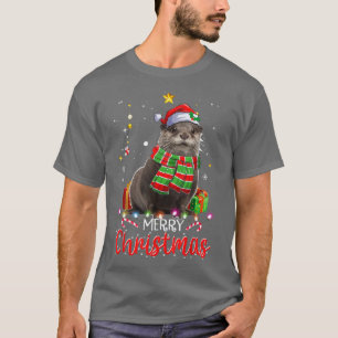 Camiseta Feliz Natal Otter Santa Hat Tree Lights Pajama