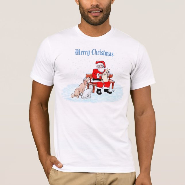 Camiseta Feliz Natal - Papai Noel com Gato e Cachorro (Frente)
