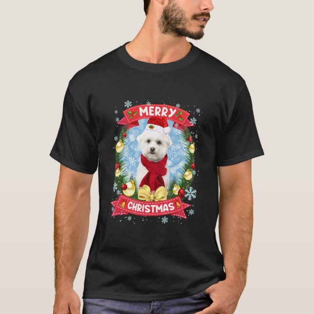 Camiseta Feliz Natal Papais noeis de Cachorro Malteses Engr (Frente)