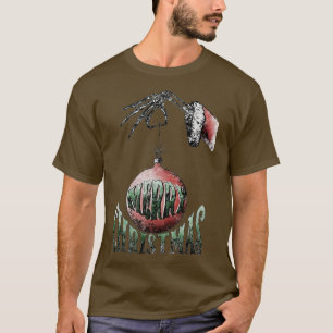 Camiseta Feliz Natal Papais noeis de Mão de Esqueleto Xmas